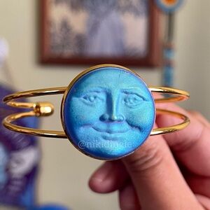 Handmade whimsical fantasy Blue Moon Face gold Fairy cuff bracelet Bangle Goth